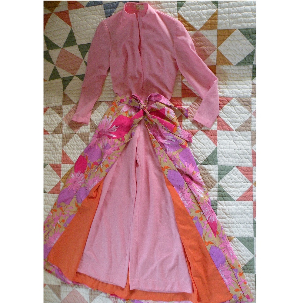 Custom Vintage 70s Pink Palazzo Hostess Jumpsuit & Flower Power Wrap Maxi Skirt